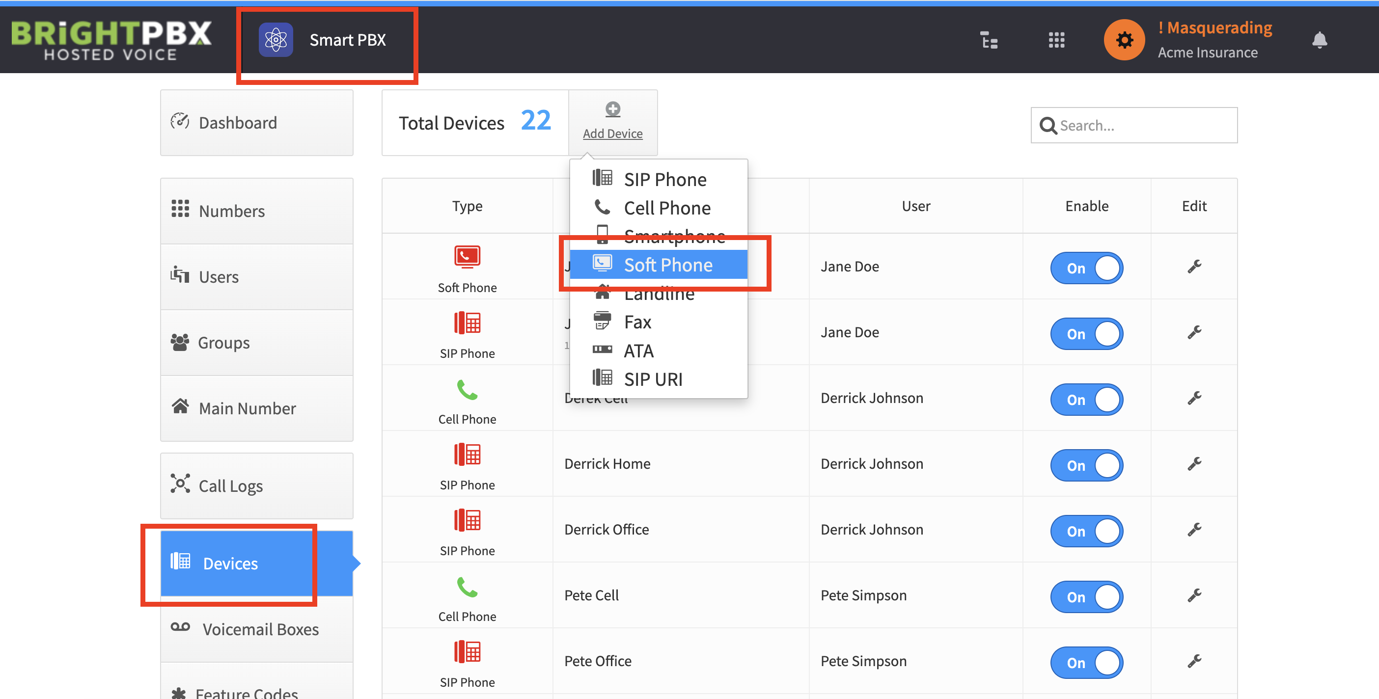 The Smart PBX Devices page with the Add Device menu open and Soft Phone highlighted