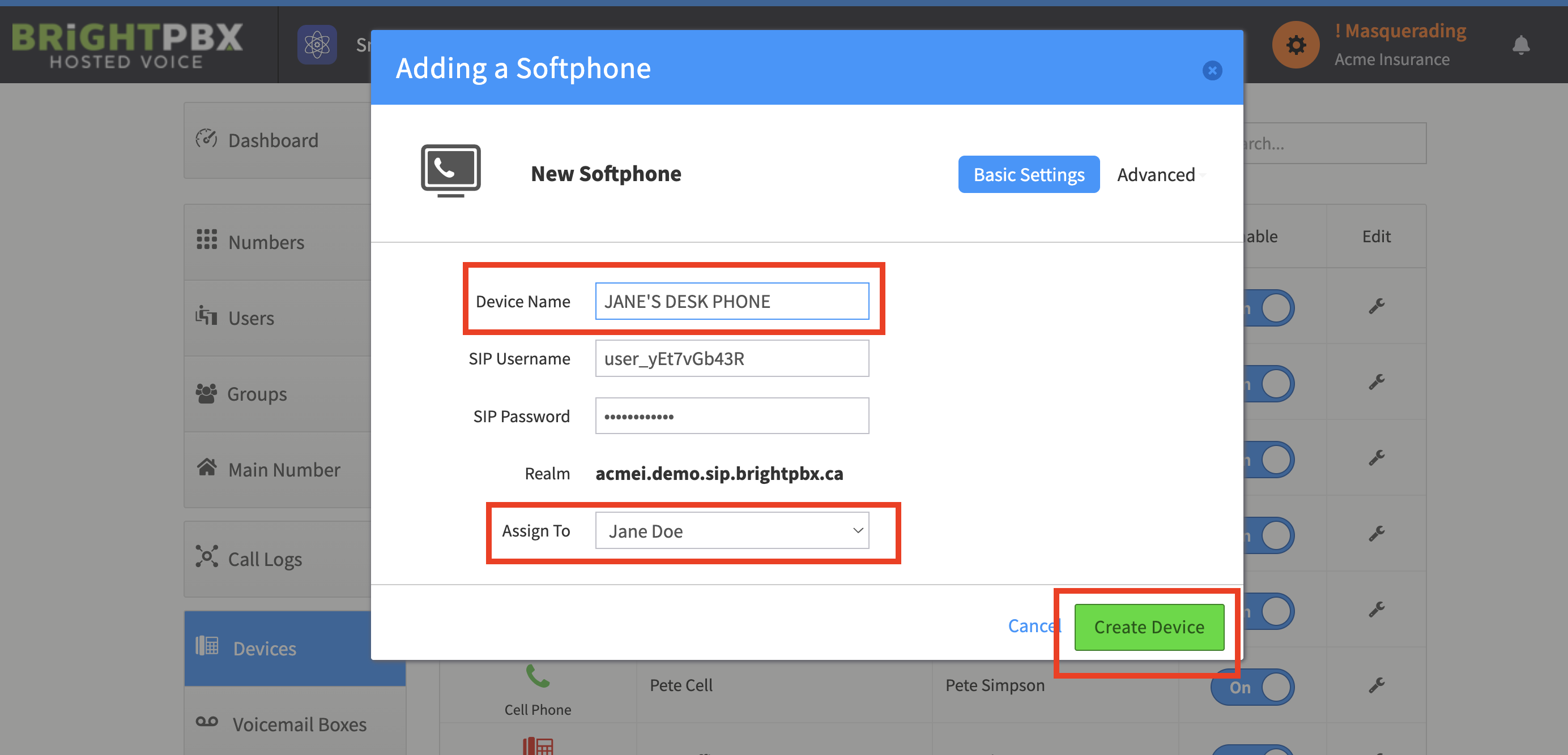 The Adding a Softphone dialog showing Device Name, SIP Username, SIP Password, Realm and Assign To fields