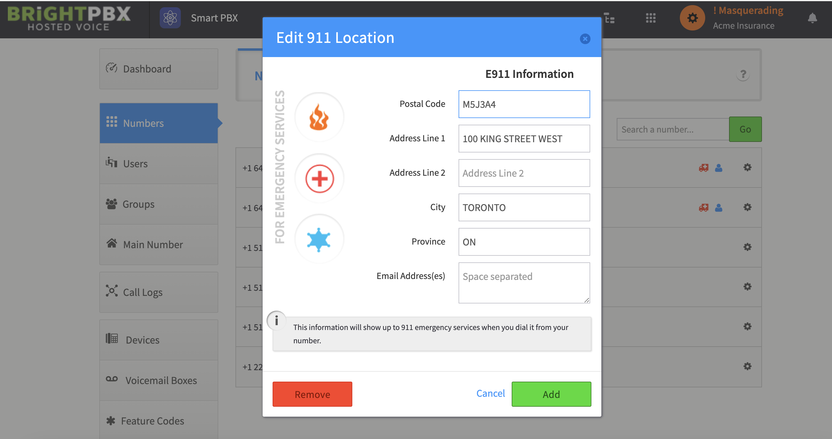 The Edit 911 Location dialog with postal code, address, city and province fields
