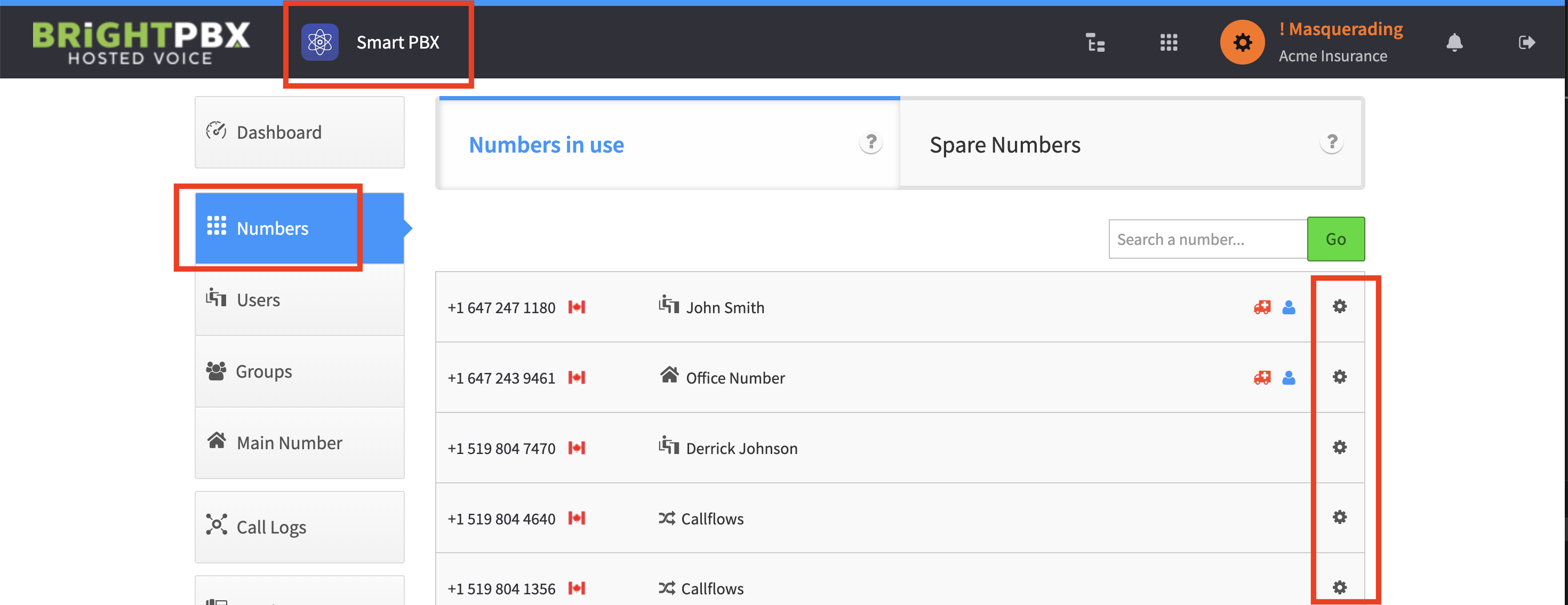 Smart PBX Numbers list with the gear icon highlighted for a number
