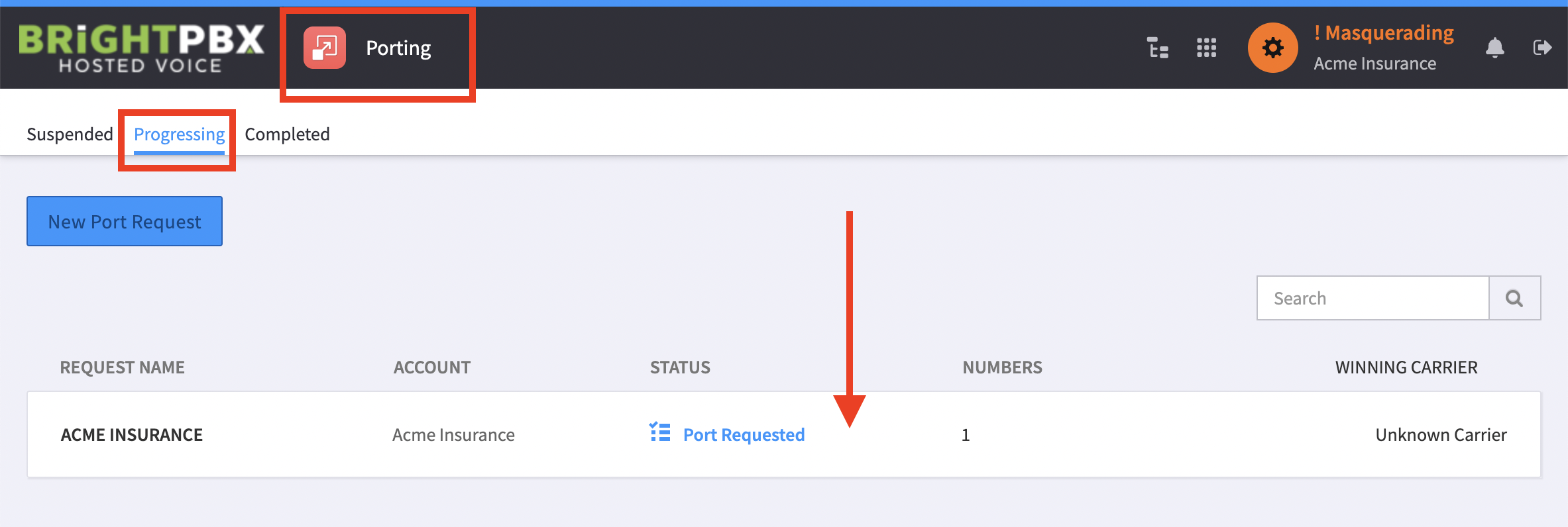The Porting app Progressing tab with a port request listed