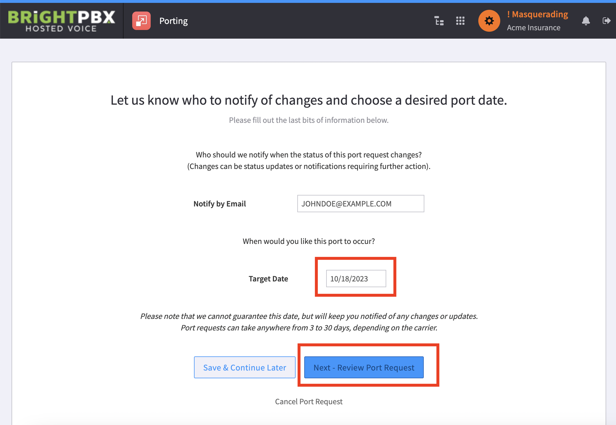 The port wizard page with the Target Date field and the Next - Review Port Request button highlighted