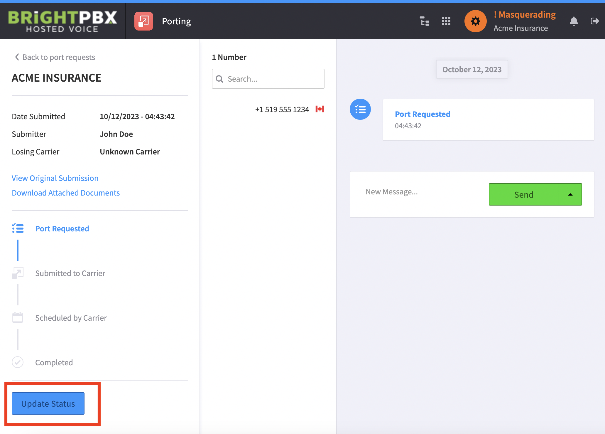 The port detail view showing the status timeline and the Update Status button