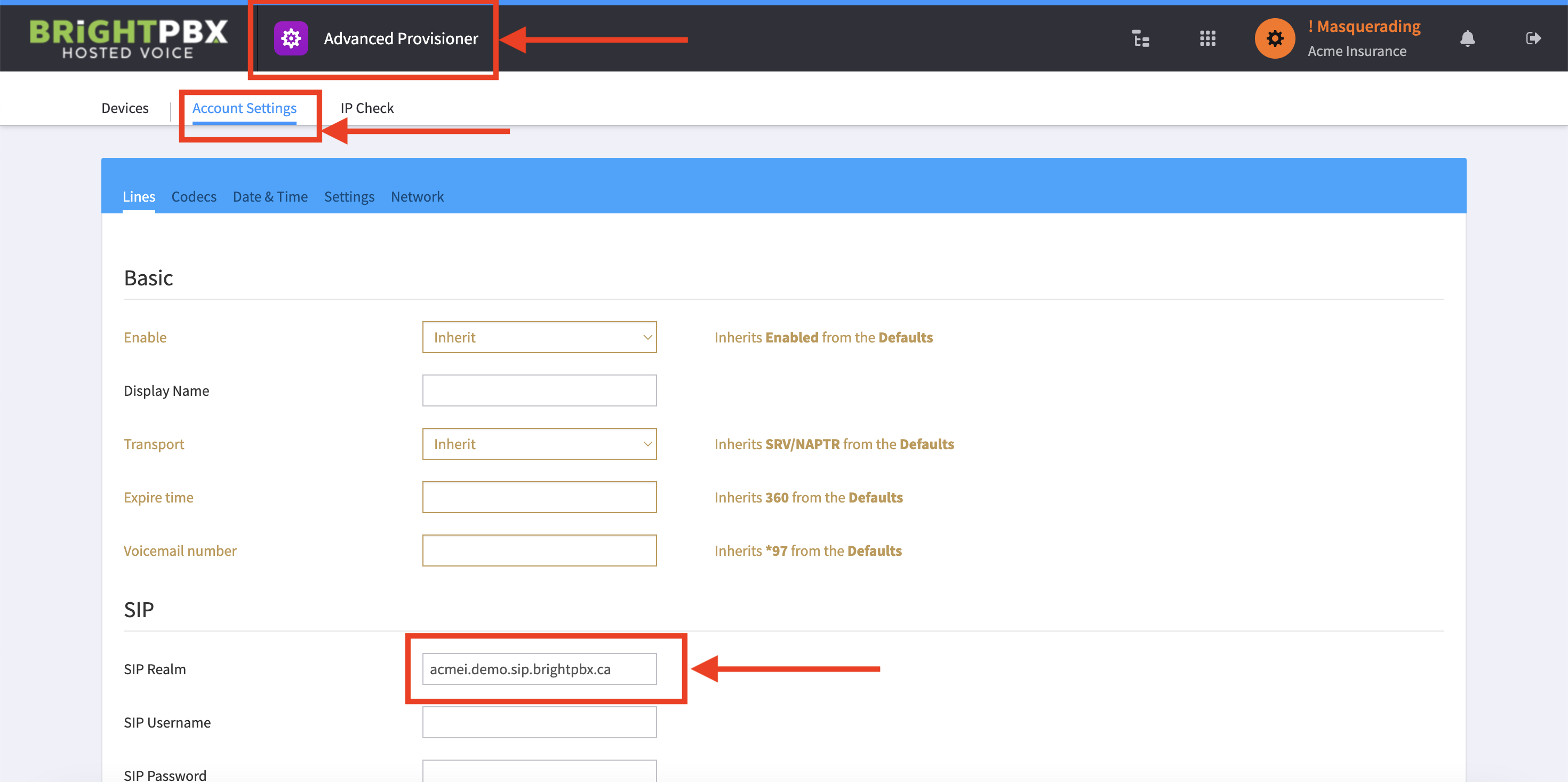 Advanced Provisioner Account Settings with the SIP Realm field filled in