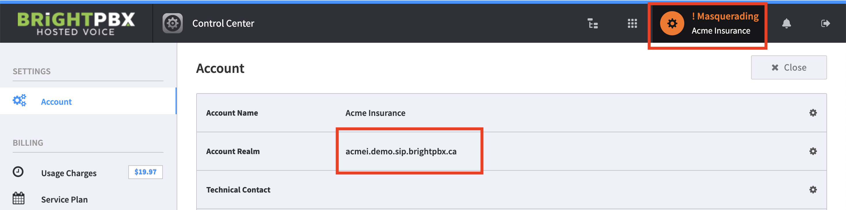 The Control Center Account page with the Account Realm value highlighted