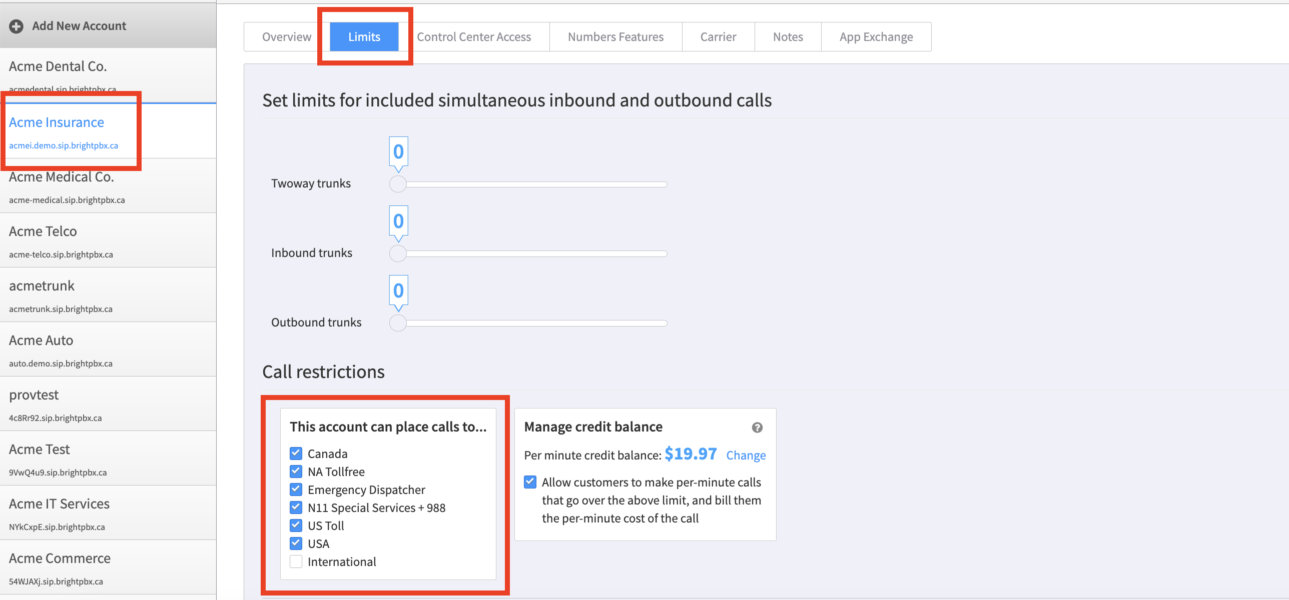 The Limits tab in Account Manager with the Call Restrictions checkboxes highlighted