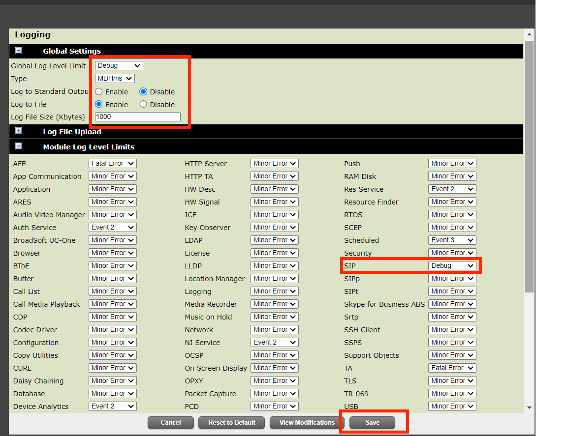 The Polycom Logging page with the Global Settings fields and the SIP module log level highlighted