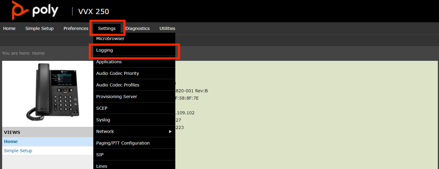 The Polycom Settings menu with Logging highlighted