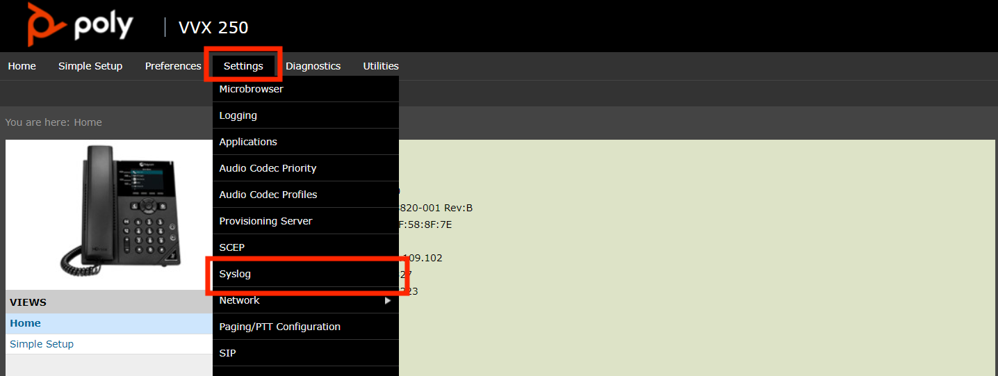 The Polycom Settings menu with Syslog highlighted