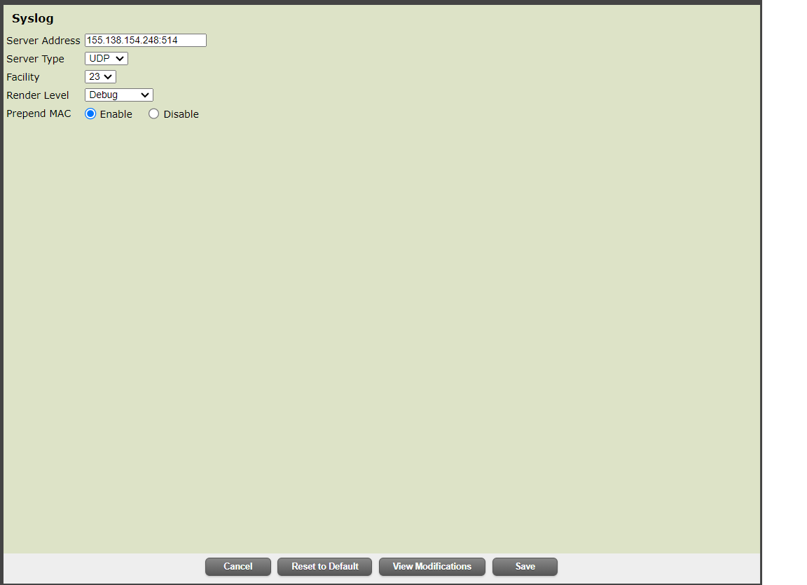 The Polycom Syslog settings page with the server address, type, facility, render level and prepend MAC fields filled in