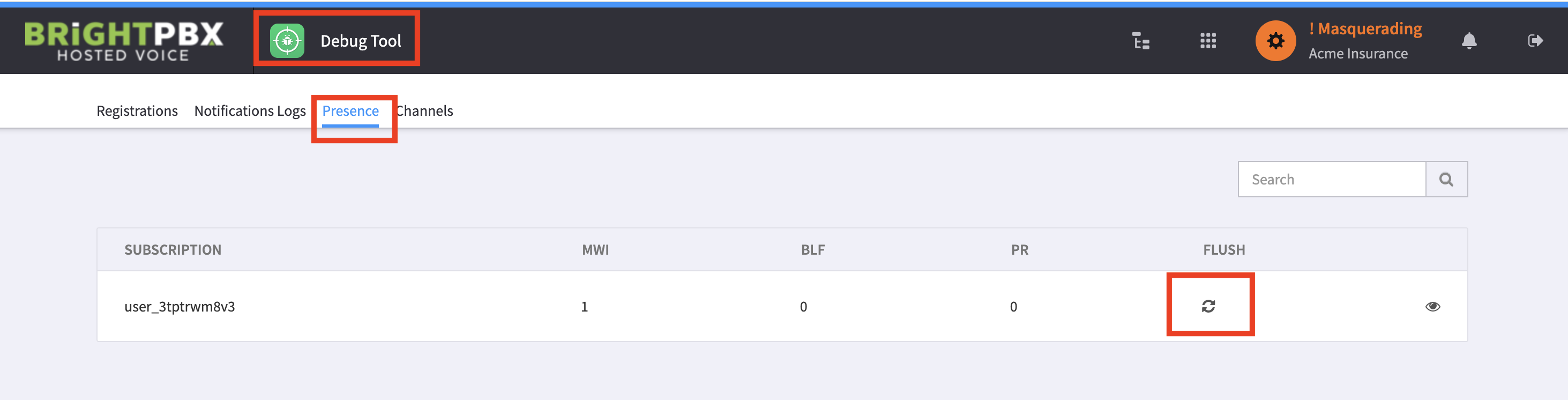 Debug Tool showing the Presence tab with the Flush button highlighted