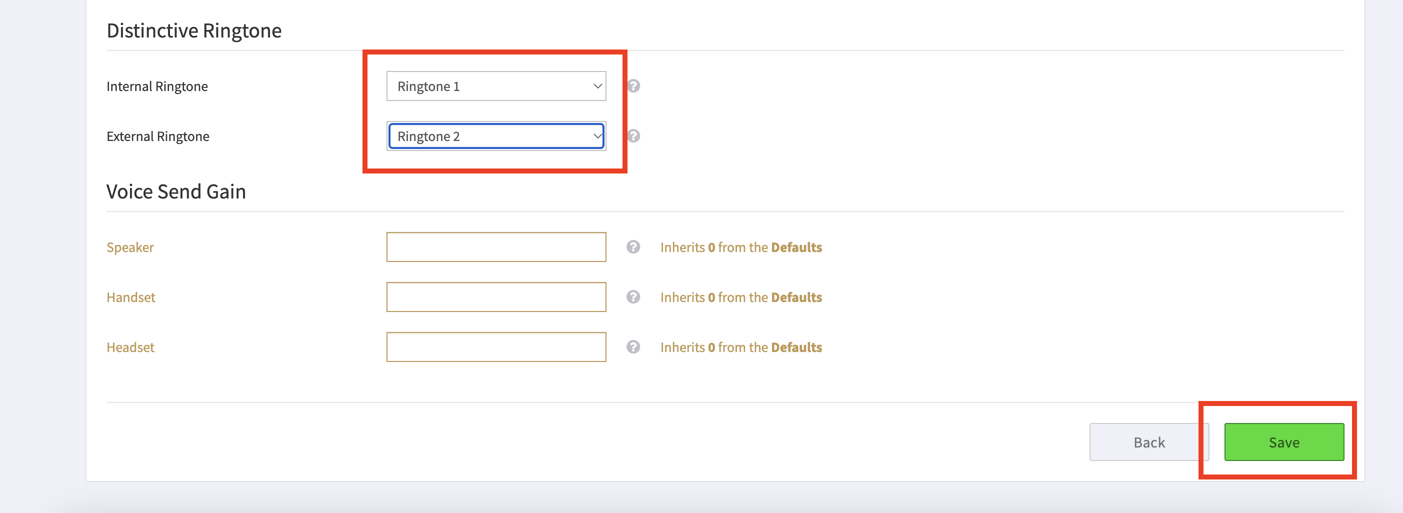 The Distinctive Ringtone section showing Internal and External Ringtone dropdowns, with the Save button highlighted
