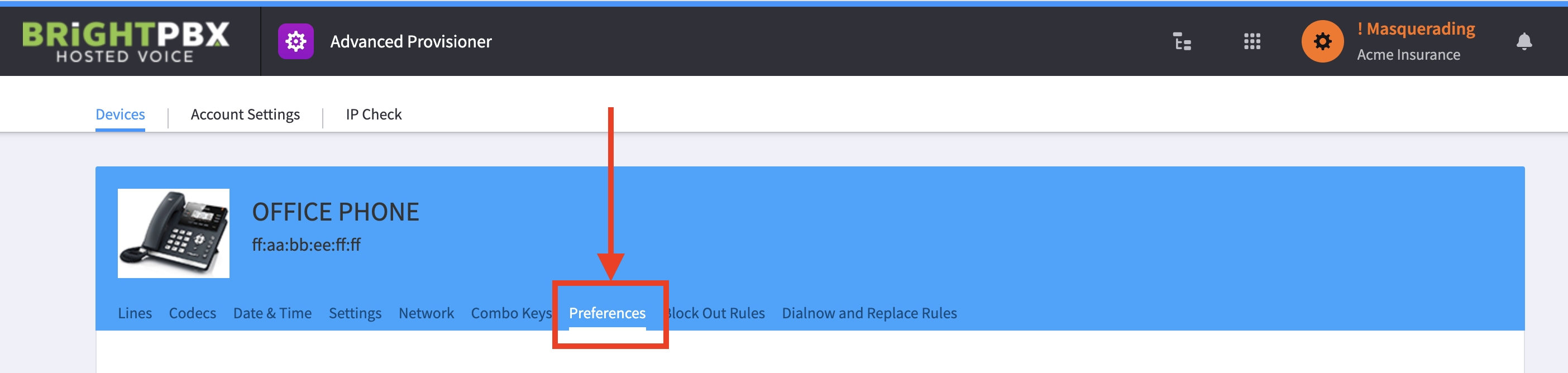 The device configuration tabs with Preferences highlighted