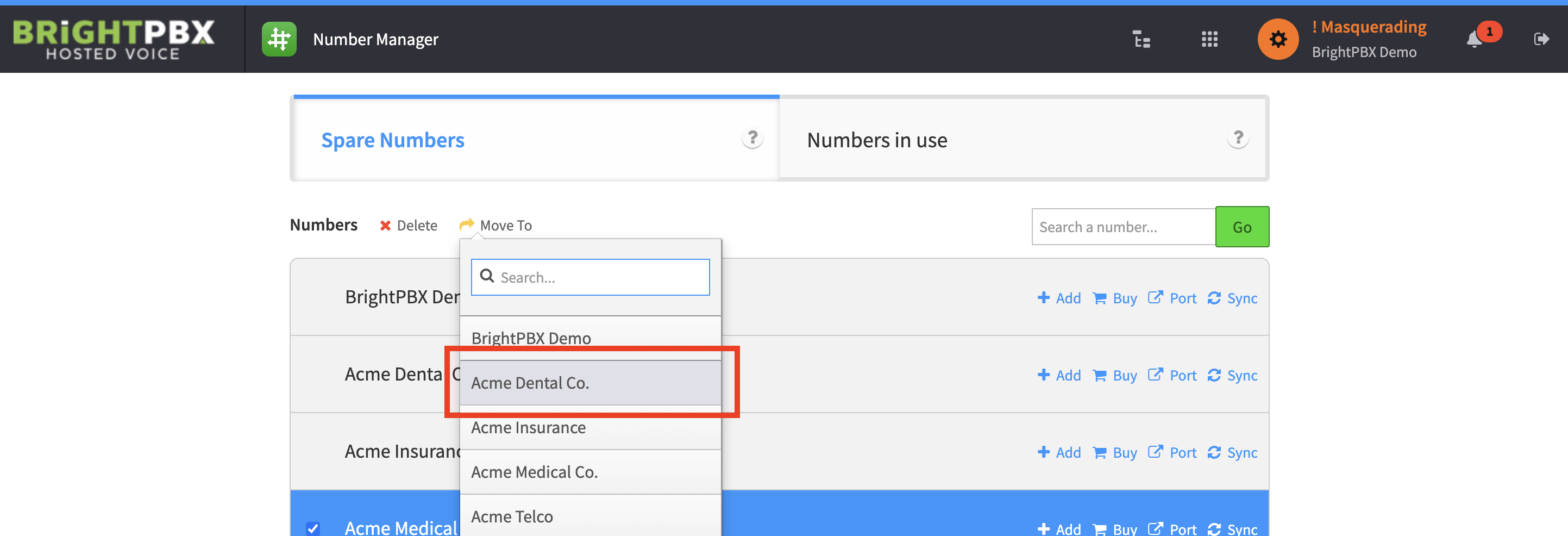 The Move To dropdown open with a destination account highlighted