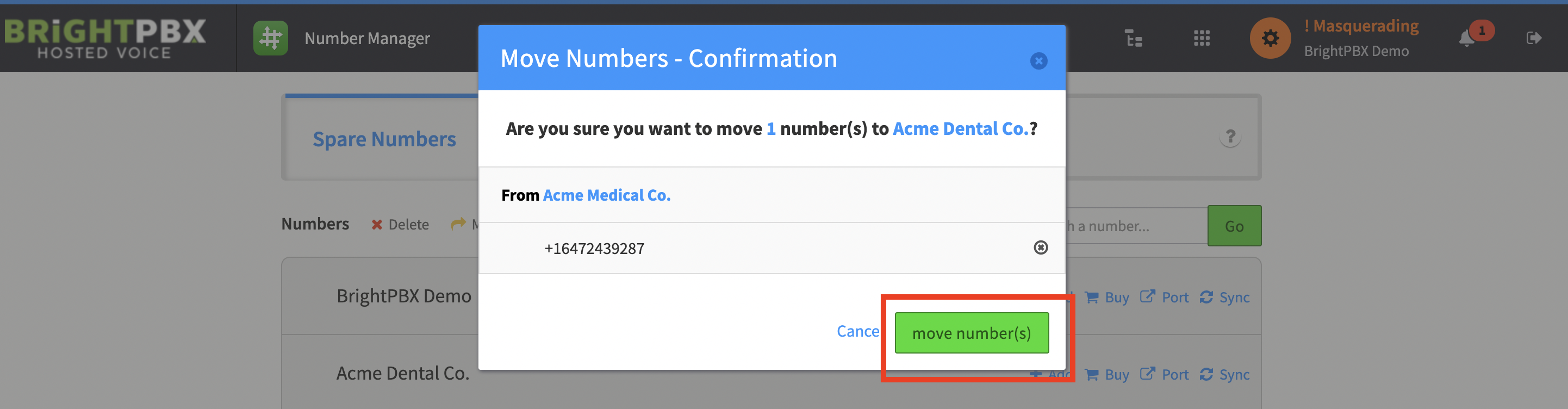 The Move Numbers confirmation dialog showing the source account, the number, and the move numbers button