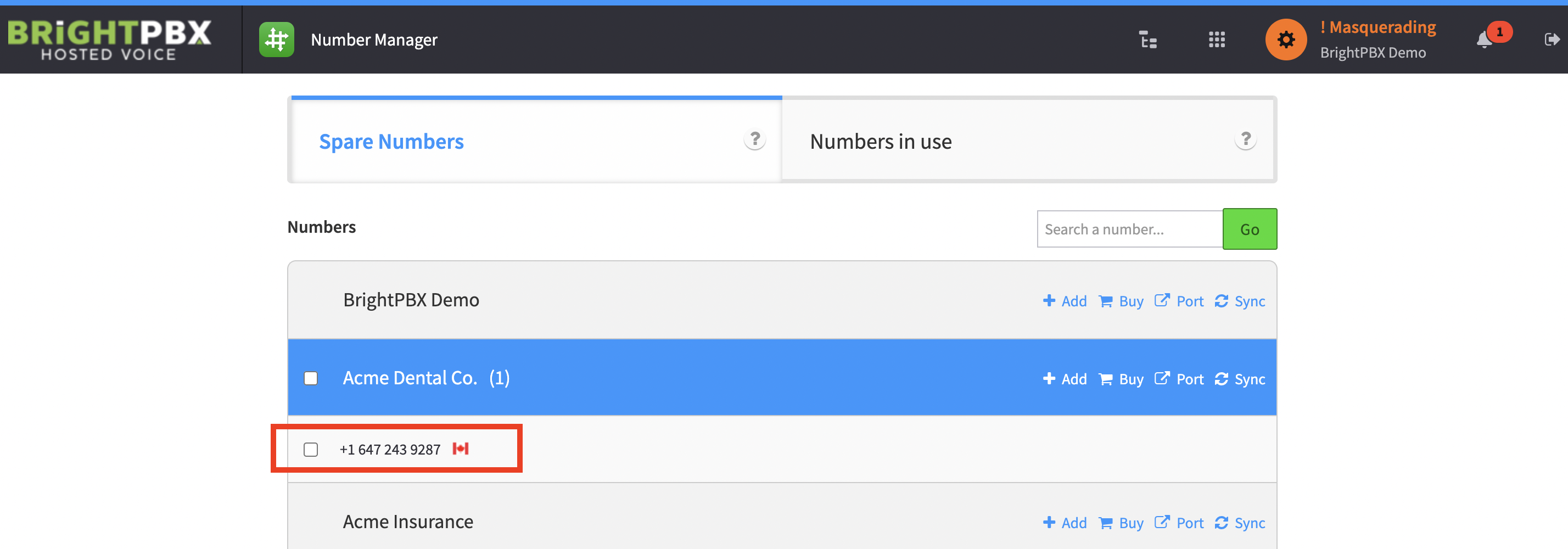 Spare Numbers showing the DID now listed under the destination account