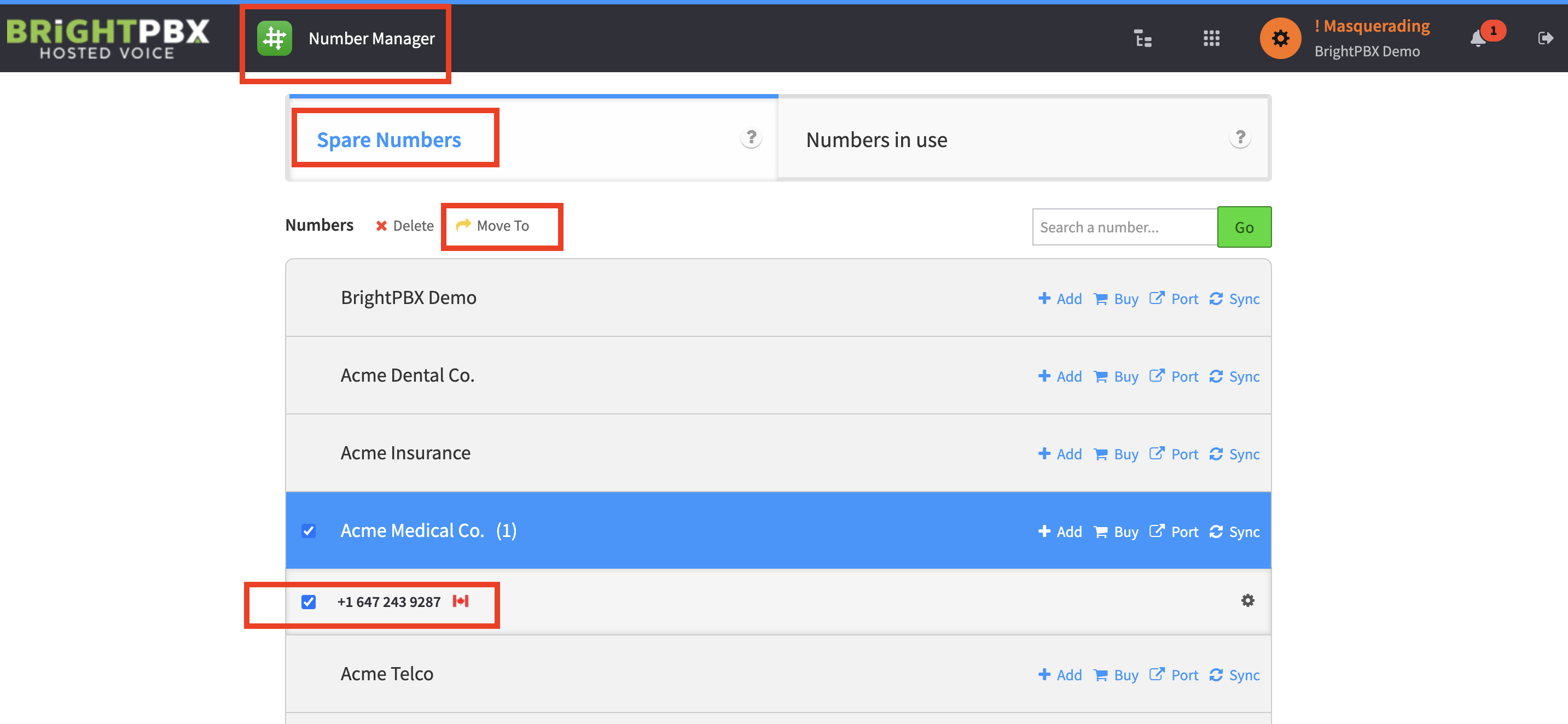 Number Manager Spare Numbers tab with an account expanded, a DID checked, and the Move To button highlighted