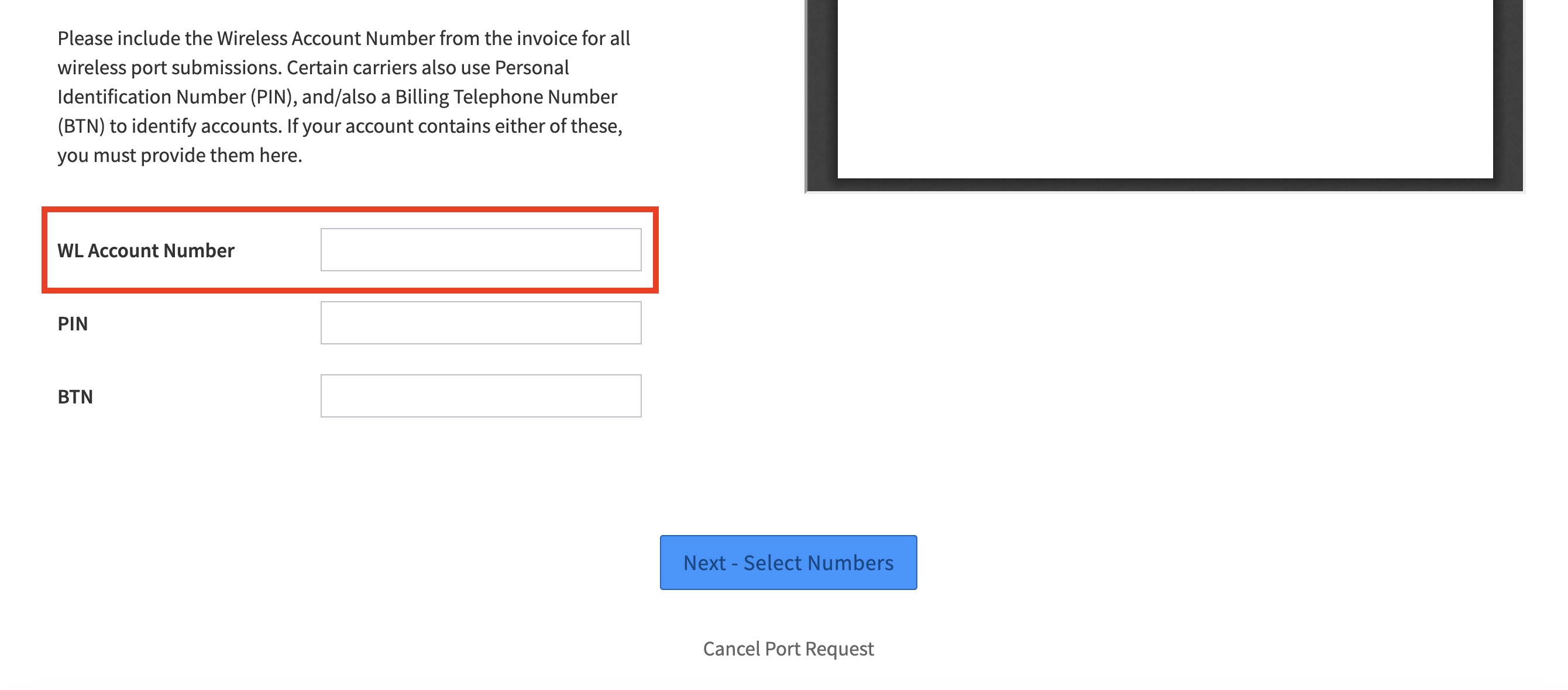 The port request form with the WL Account Number field highlighted, alongside PIN and BTN fields