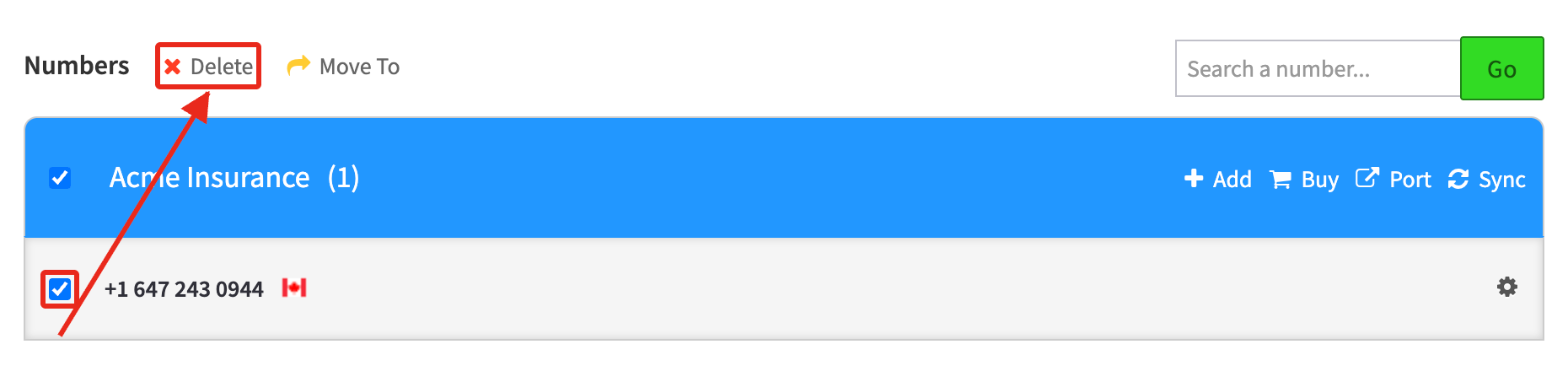 The Spare Numbers tab with a number's checkbox ticked, and the Delete action that appears above the list highlighted