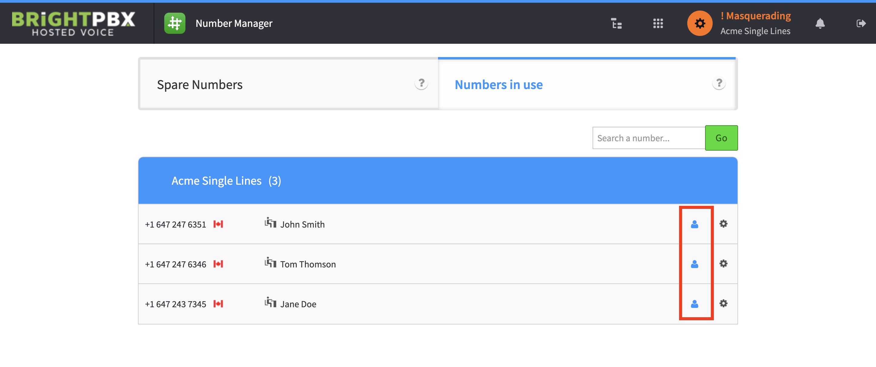 Number Manager listing each DID with its own outbound caller ID name