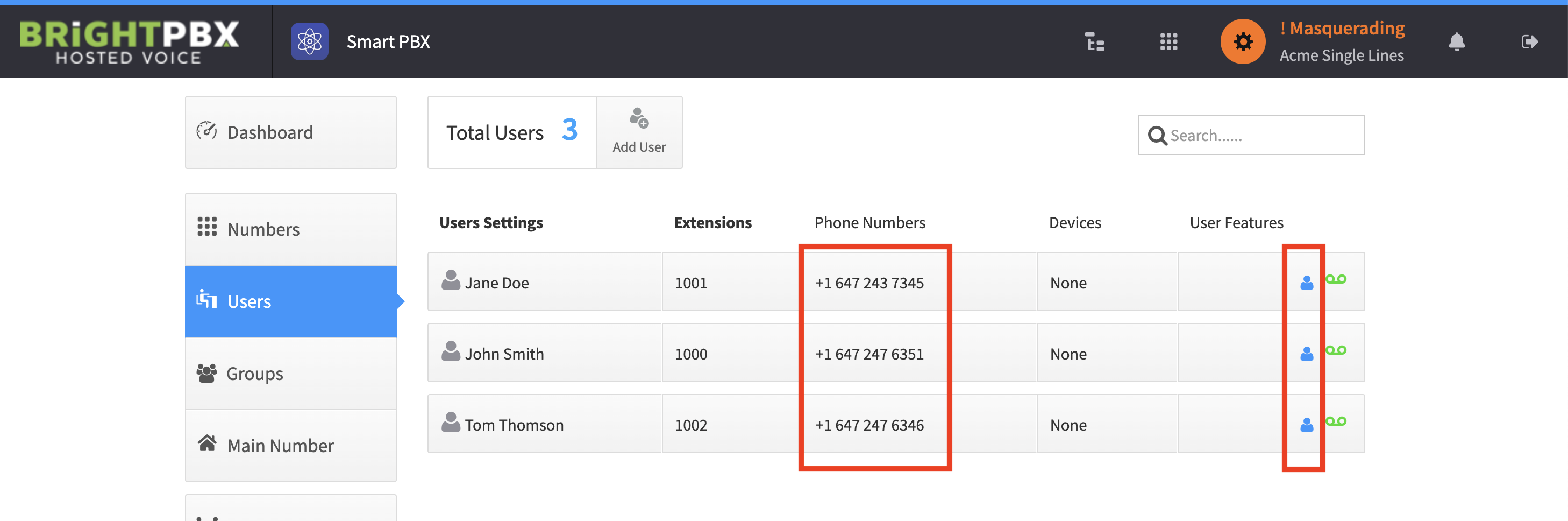 The Smart PBX Users list showing each user with their own dedicated DID assigned
