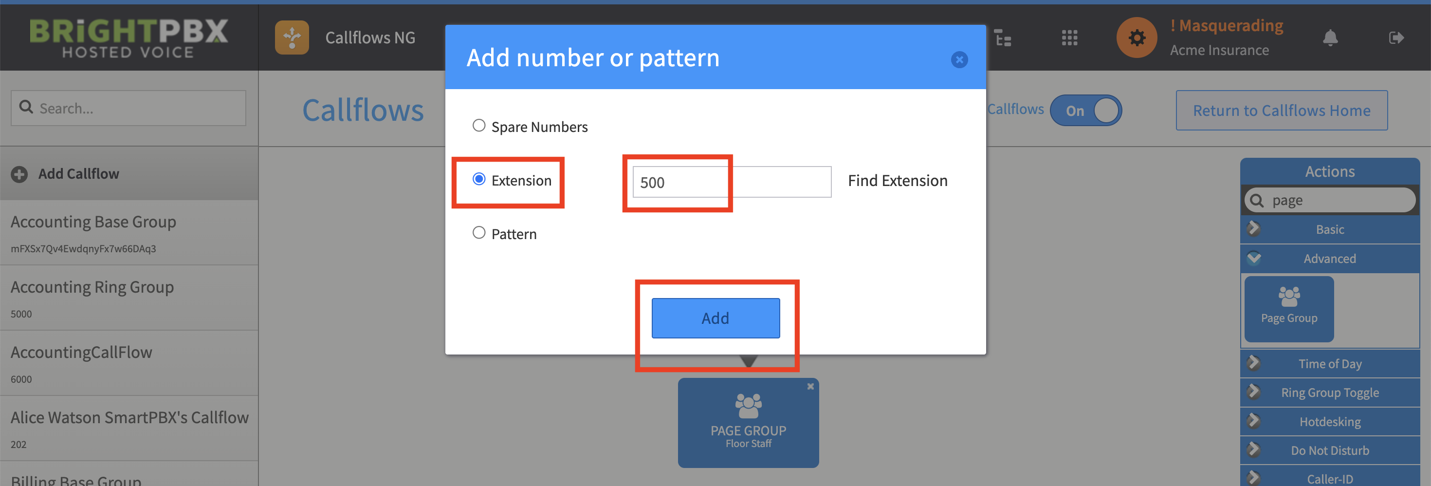 The Add number or pattern dialog with Extension selected and 500 entered