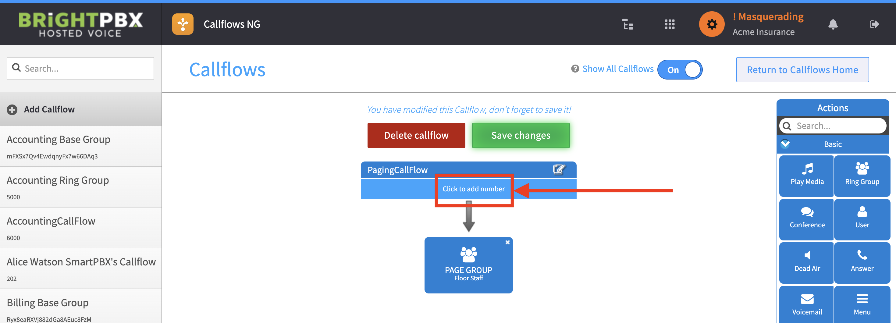 The named callflow with the Click to add number area highlighted