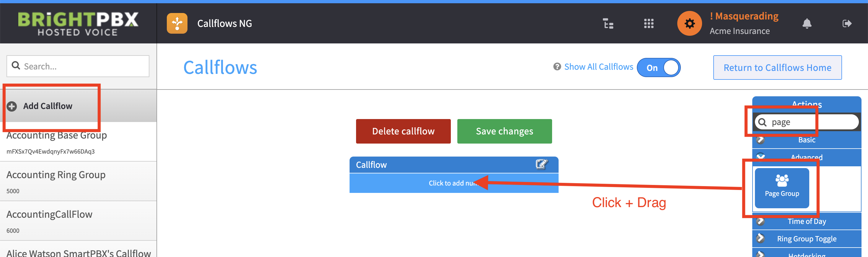 The Callflows editor with the Page Group widget being dragged onto the Callflow widget