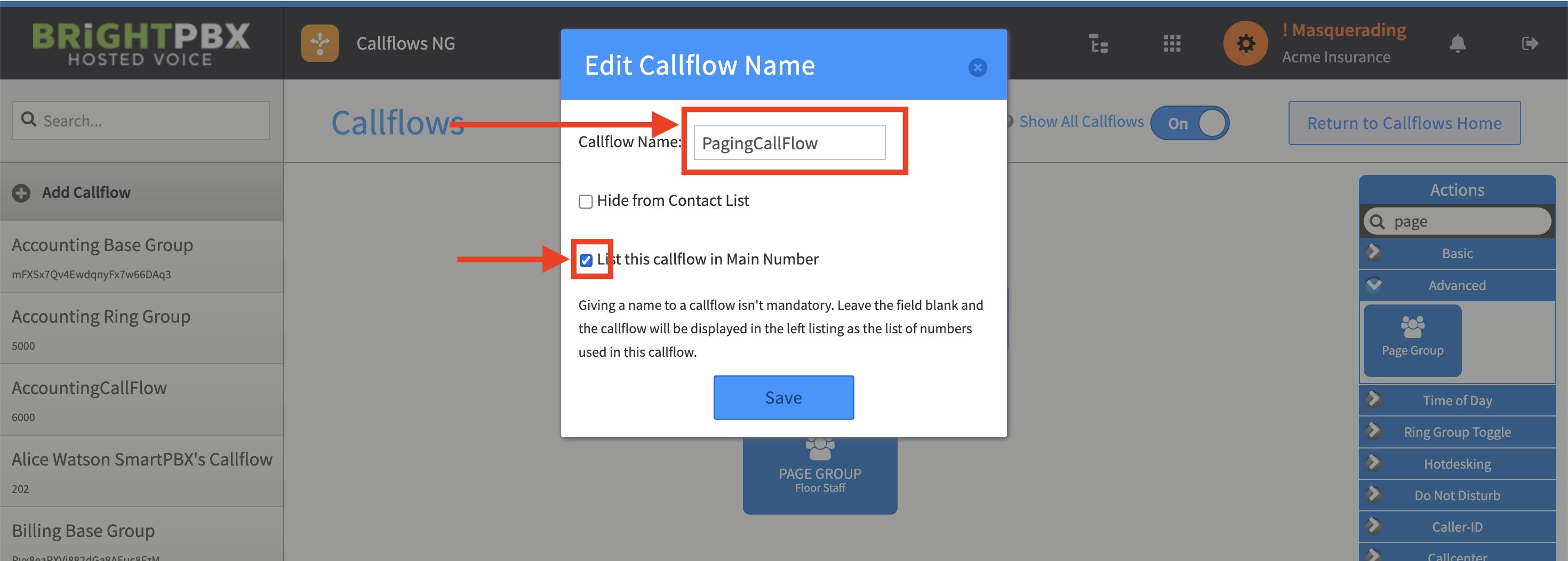 The Edit Callflow Name dialog with a name entered