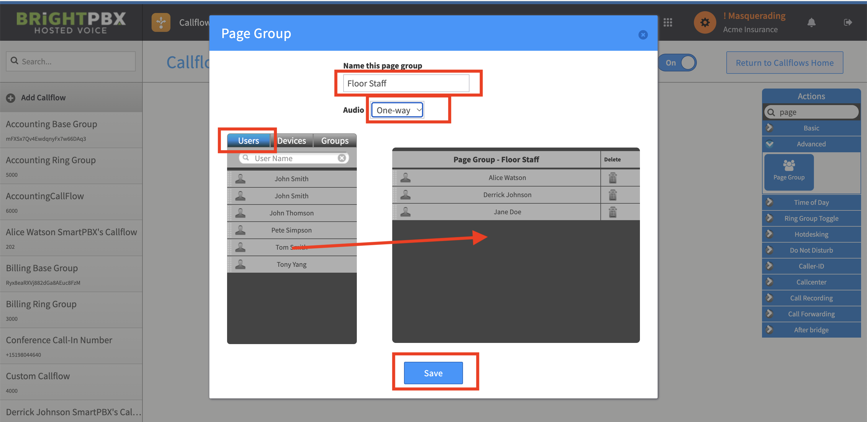 The Page Group popup showing the name field, Audio set to One-way, and users added to the group