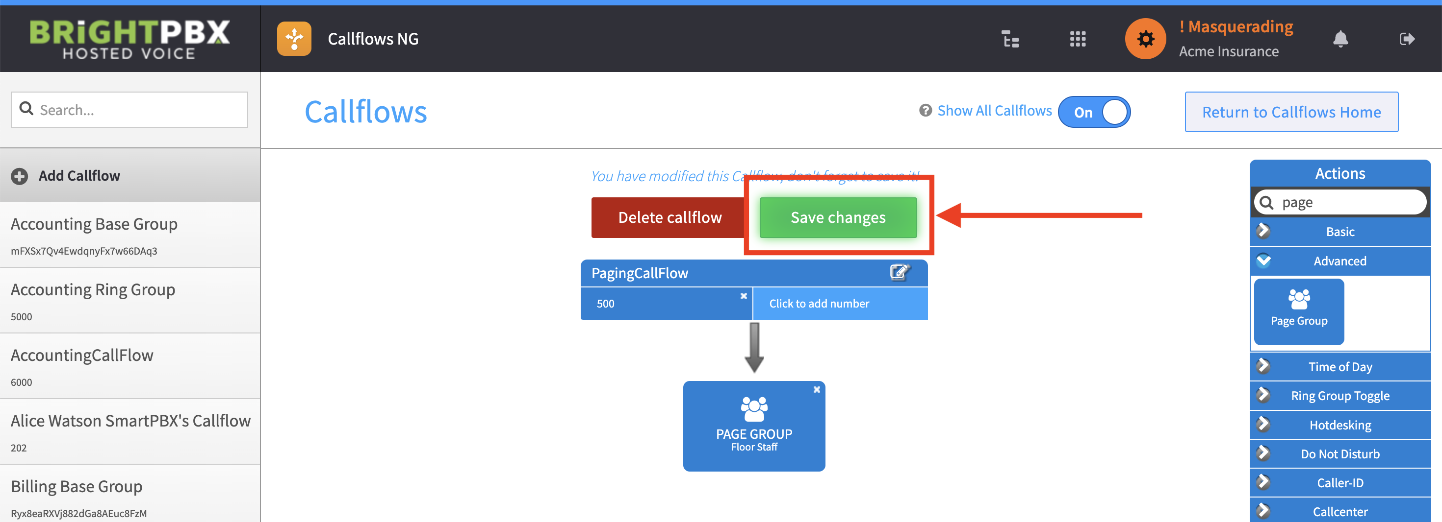 The completed callflow with the Save changes button highlighted