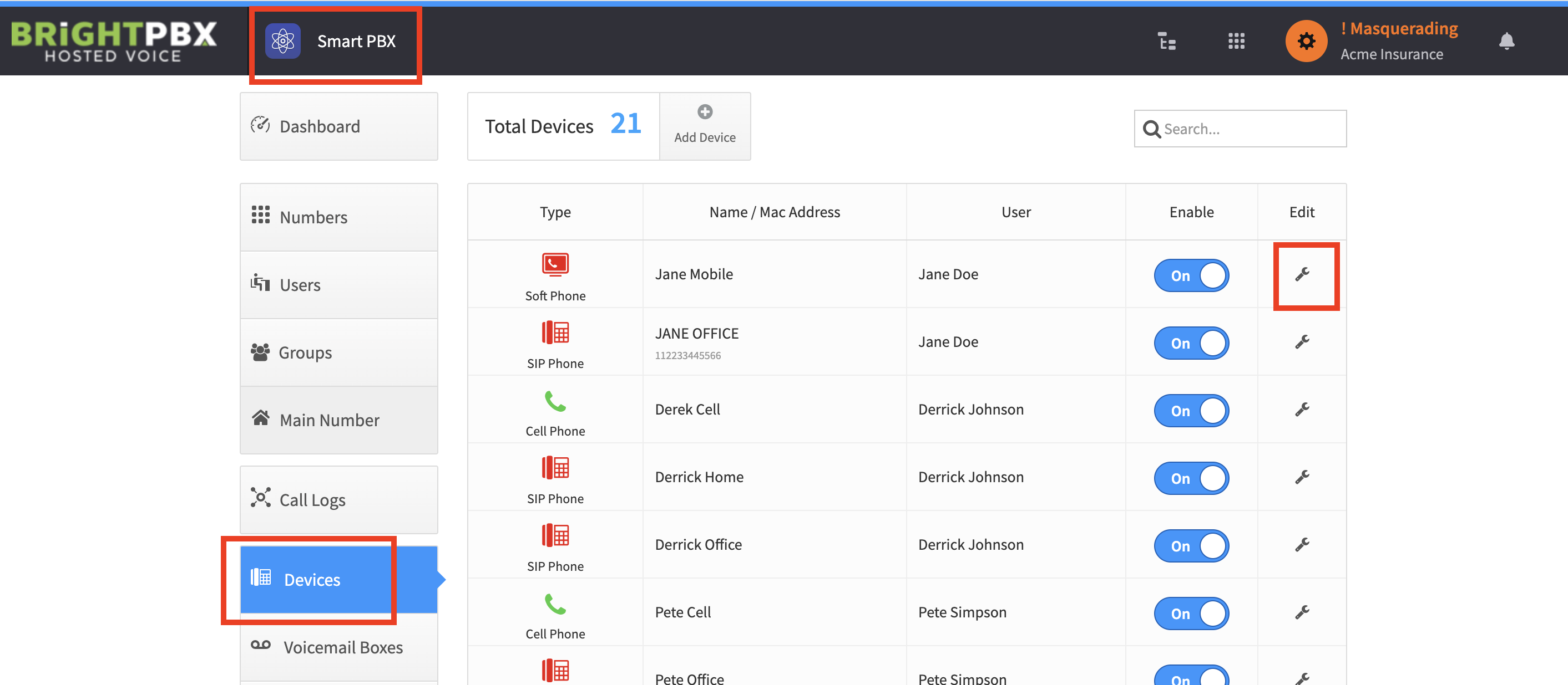 The Smart PBX Devices list with the wrench icon in the Edit column highlighted