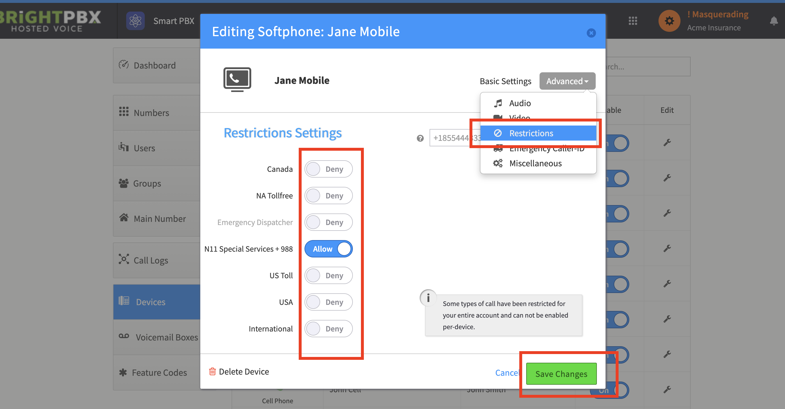 The Restrictions Settings panel with all toggles set to Deny except N11 Special Services, which stays on Allow